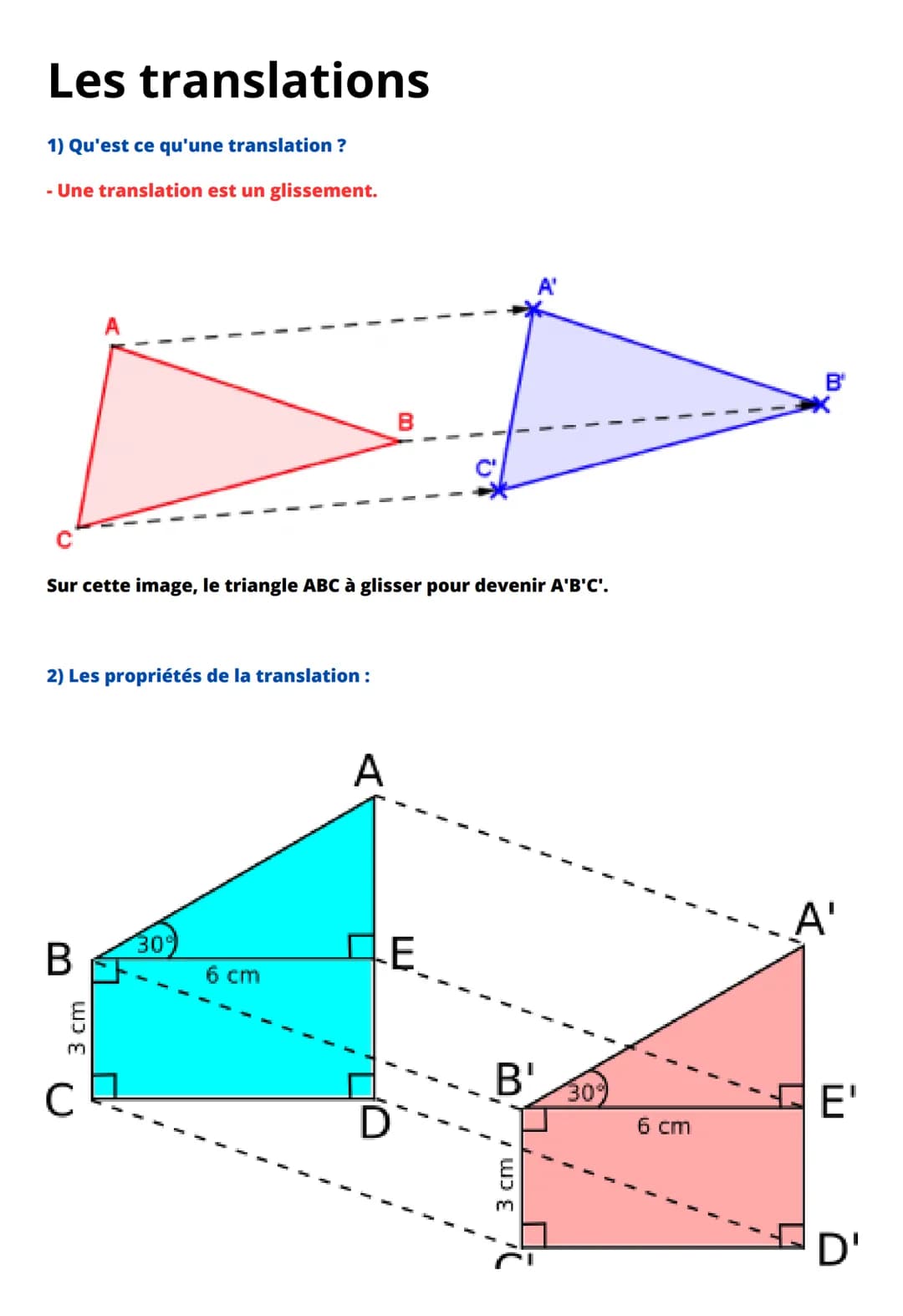 Les translations
1) Qu'est ce qu'une translation ?
- Une translation est un glissement.
Sur cette image, le triangle ABC à glisser pour deve