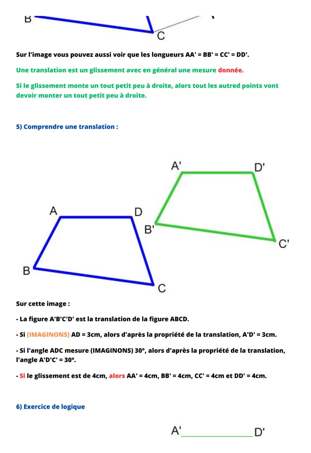 Les translations
1) Qu'est ce qu'une translation ?
- Une translation est un glissement.
Sur cette image, le triangle ABC à glisser pour deve