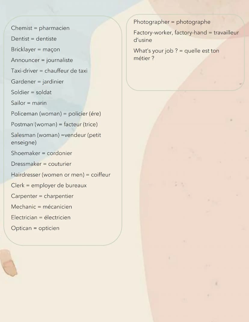 Augluis
JOBS
Vocabulary
A vet un vétérinaire
a lawyer = un avocat
a judge = un juge
a estate agent
= un agent immobilier
an accountant = un 