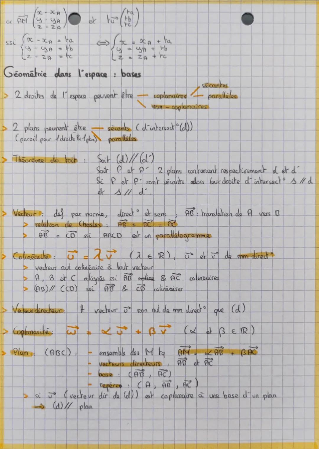 --- OCR Start ---
Bases et repérage
> Base de l'espace:
VECTEURS DE
L'ESPACE
par
> 
($\vec{u}$),$\vec{v}$),$\vec{w}$),
3 vecteurs non coplan