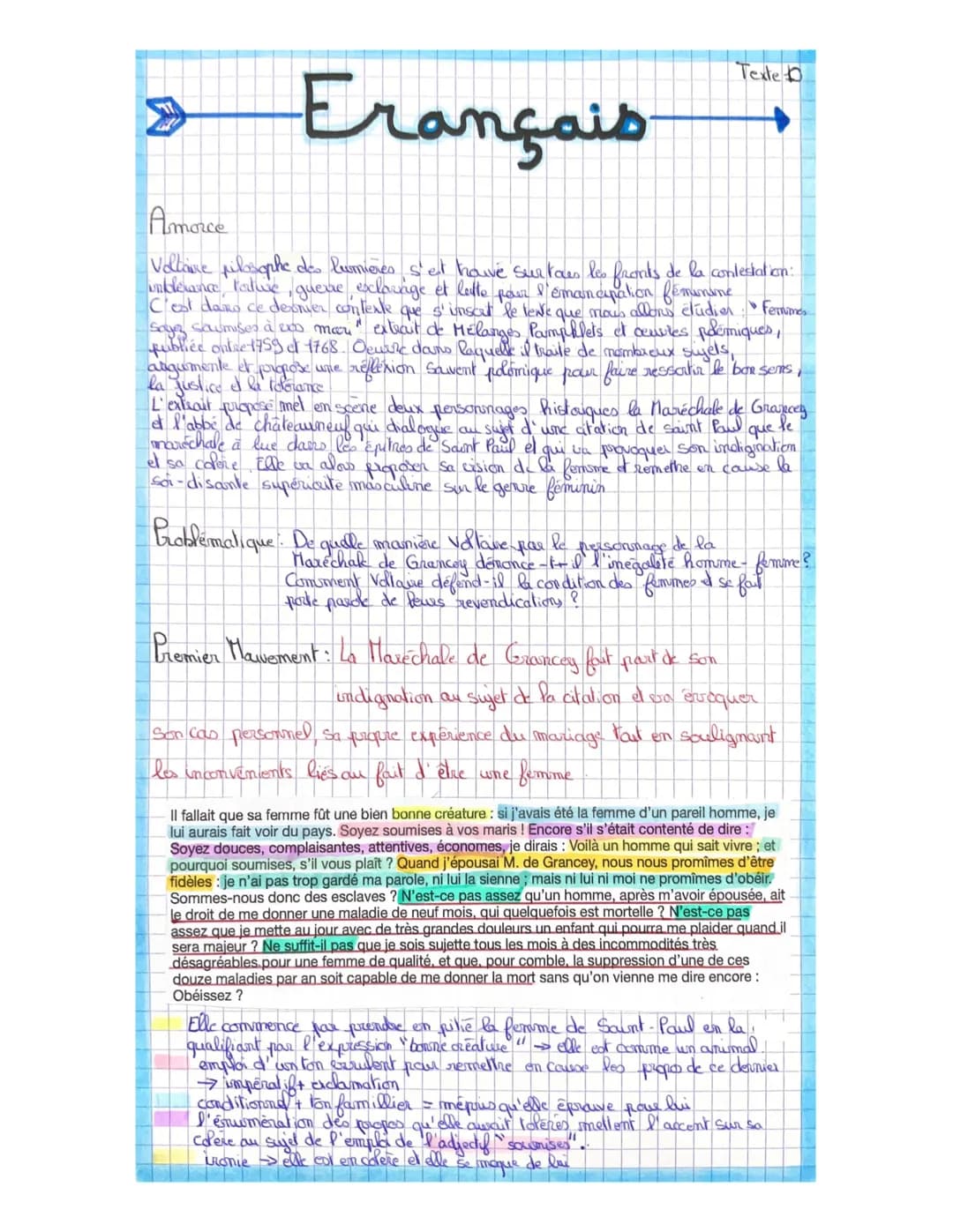 Français
Texte
Amorce
Voltaire pilosophe des Lumieres s'et have sur tous les fronts de la contestation:
inklerance tortive, gueve exclairage