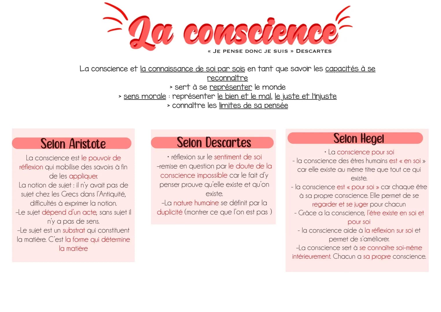 La conscience
Ja
<< JE PENSE DONC JE SUIS » DESCARTES
La conscience et la connaissance de soi par sois en tant que savoir les capacités à se