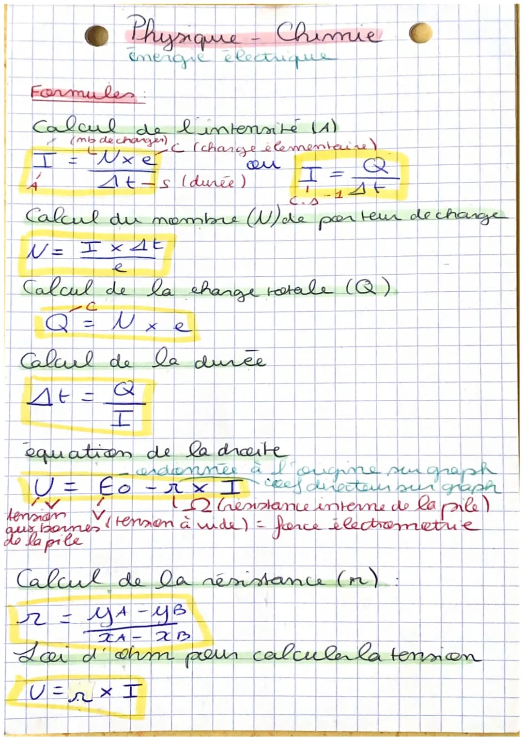 Physique - Chimie
Energie electrique
Formules:
Calcul
(mb dechanges)
I= Uxe
Q = U u
=
de l'intensite (A)
At-s (durée).
Calcul du membre (1) 