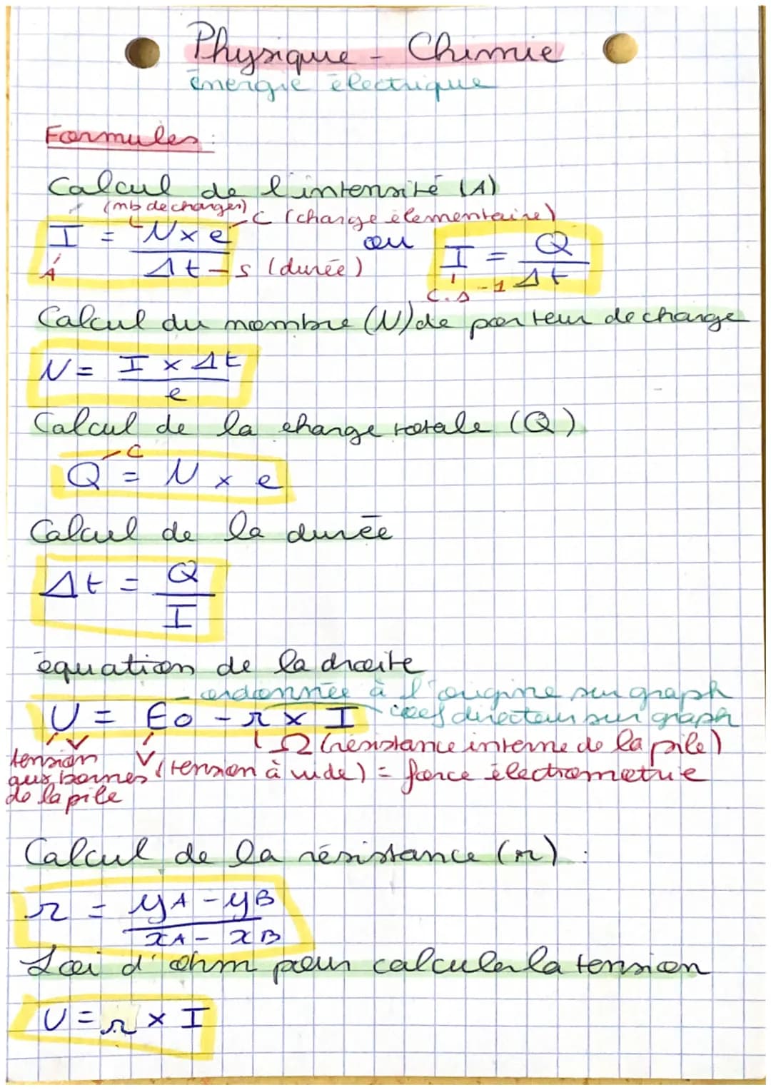 Physique - Chimie
Energie electrique
Formules:
Calcul
(mb dechanges)
I= Uxe
Q = U u
=
de l'intensite (A)
At-s (durée).
Calcul du membre (1) 