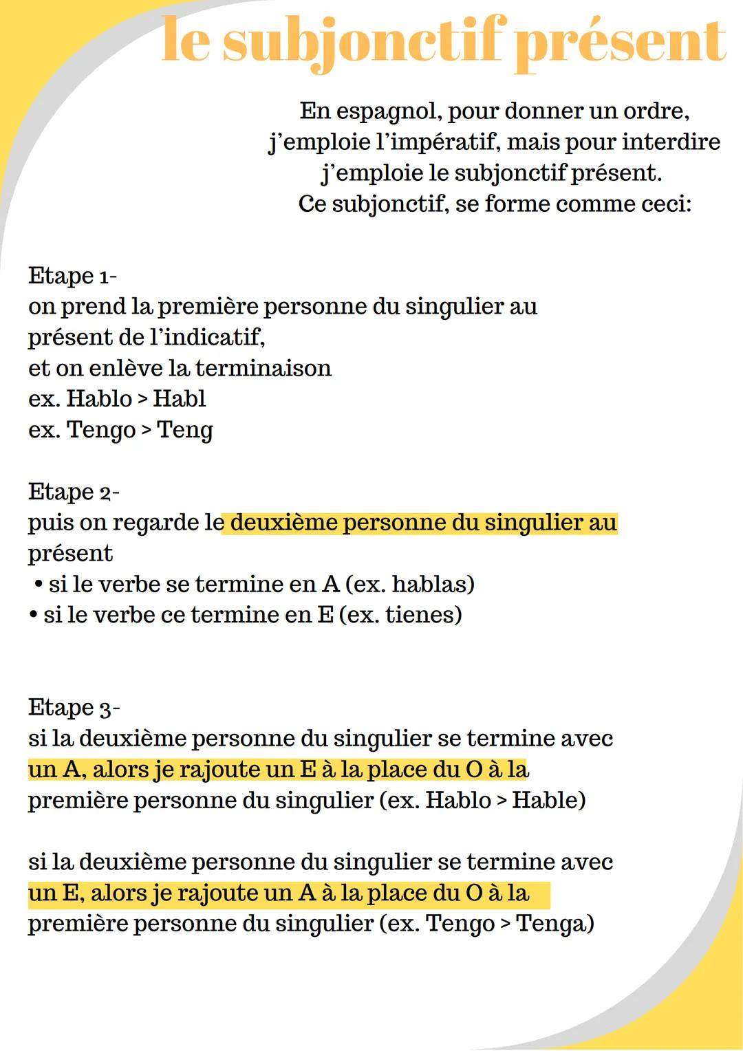 Te subjonctif présent
En espagnol, pour donner un ordre,
j'emploie l'impératif, mais pour interdire
j'emploie le subjonctif présent.
Ce subj
