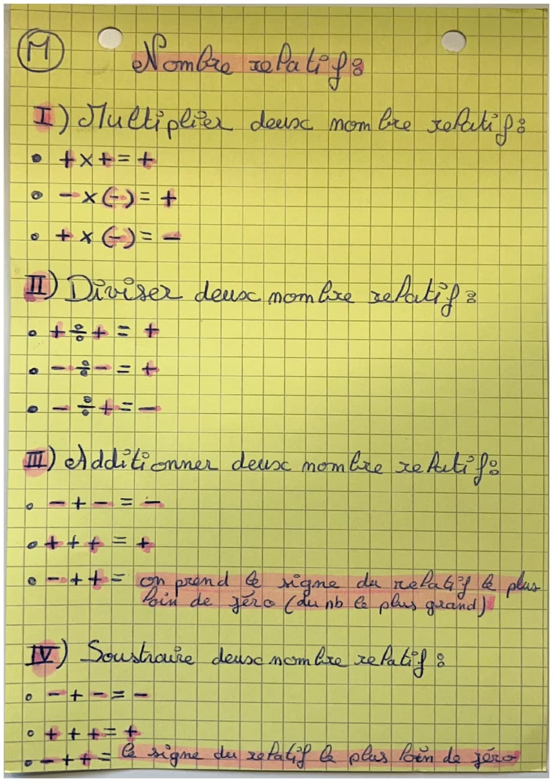 19 Nombre relatifs
I) Multiplier deux nombre relatif :
• +x+ = +
。 - x(+) = +
+ × (-) = -
II) Diviser deux nombre relatif z
。 + %+ = +
1
+
-
