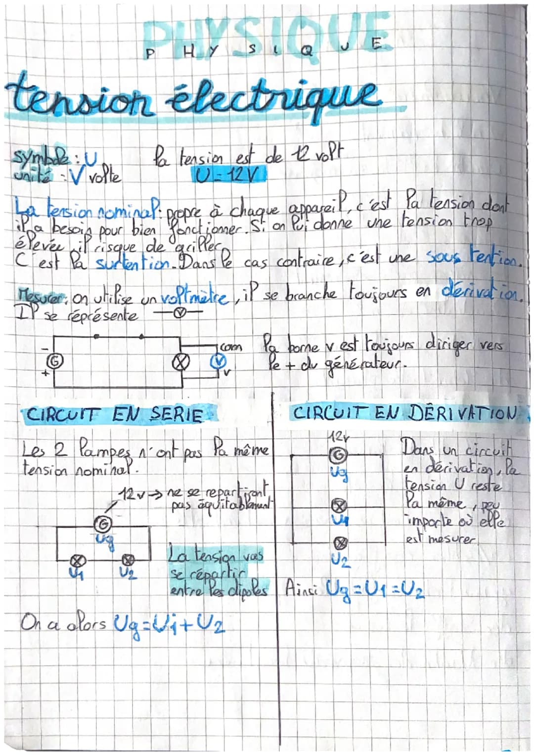 PHYSIQUE
tension électrique
la tension est de 12 volt
U-12V1
Symode: U
unite V volle
La tension nominal: propre à chaque appareil, c'est la 