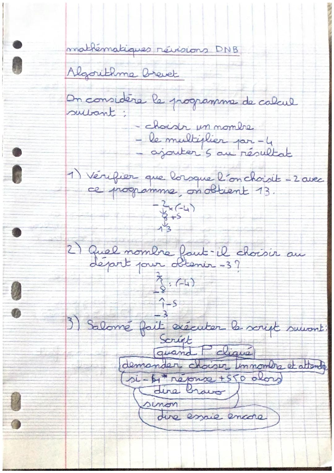 i
mathématiques révisions DNB
Algorithme brevet
On considère le programme de calcul
suivant:
choisir un nombre
le multiplier par - 4
ajouter