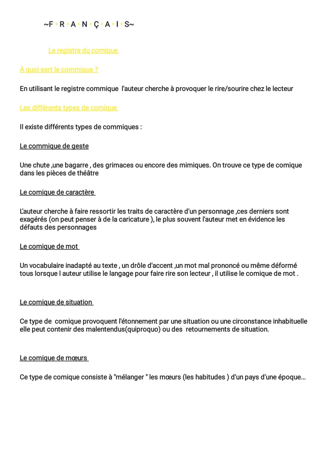 ~FRANÇAIS~
Le registre du comique
À quoi sert le commique ?
En utilisant le registre commique l'auteur cherche à provoquer le rire/sourire c