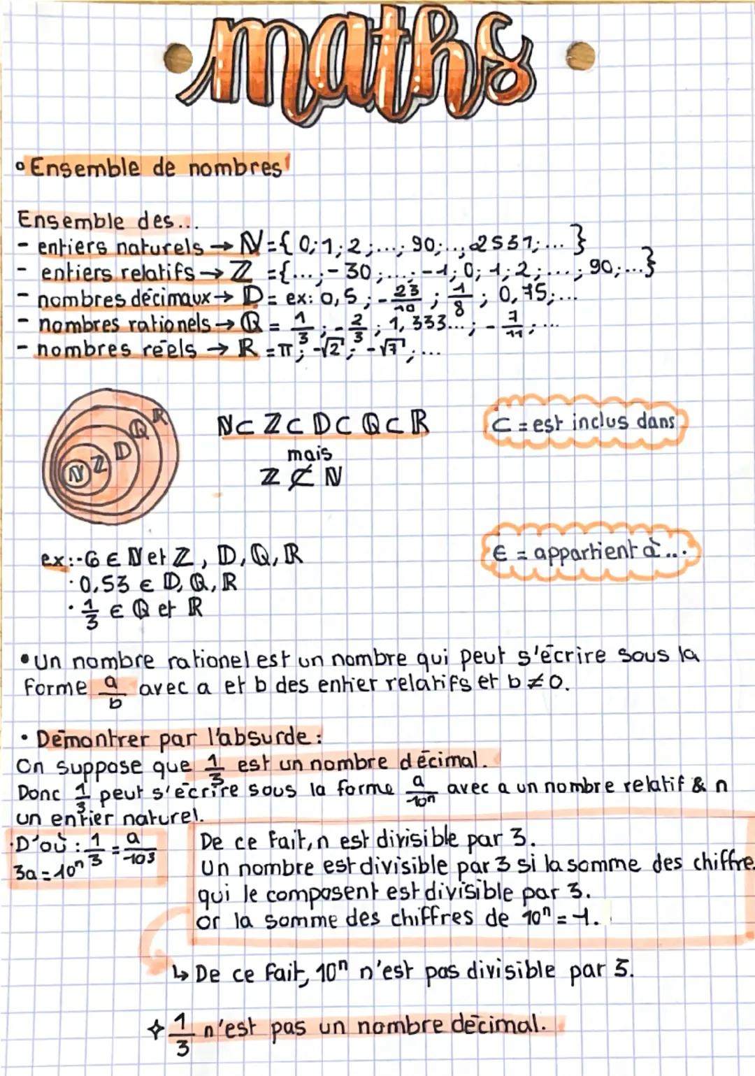 •maths
•Ensemble de nombres
Ensemble des...
- entiers naturels → N = { 0; 1; 2; ; 90;., 2557; ... }
- entiers relatifs → Z = {..., - 30;..
n