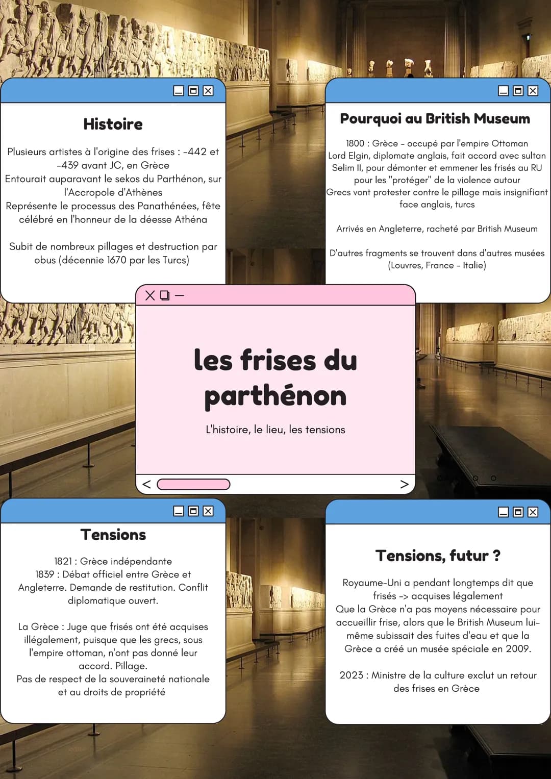 Histoire
Plusieurs artistes à l'origine des frises : -442 et
-439 avant JC, en Grèce
Entourait auparavant le sekos du Parthénon, sur
l'Accro