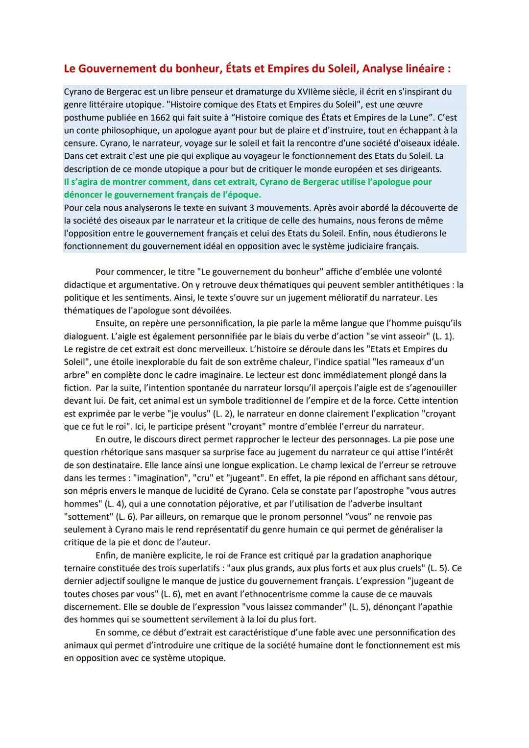 Le Gouvernement du bonheur, États et Empires du Soleil, Analyse linéaire :
Cyrano de Bergerac est un libre penseur et dramaturge du XVIIème 