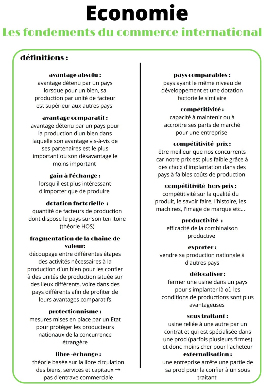 Economie
Les fondements du commerce international
définitions :
avantage absolu:
avantage détenu par un pays
lorsque pour un bien, sa
produc