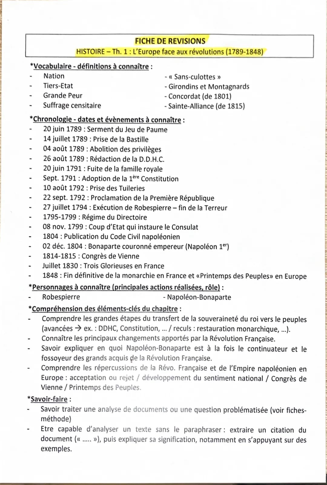 FICHE DE REVISIONS
HISTOIRE - Th. 1: L'Europe face aux révolutions (1789-1848)
*Vocabulaire - définitions à connaître :
Nation
Tiers-Etat
Gr