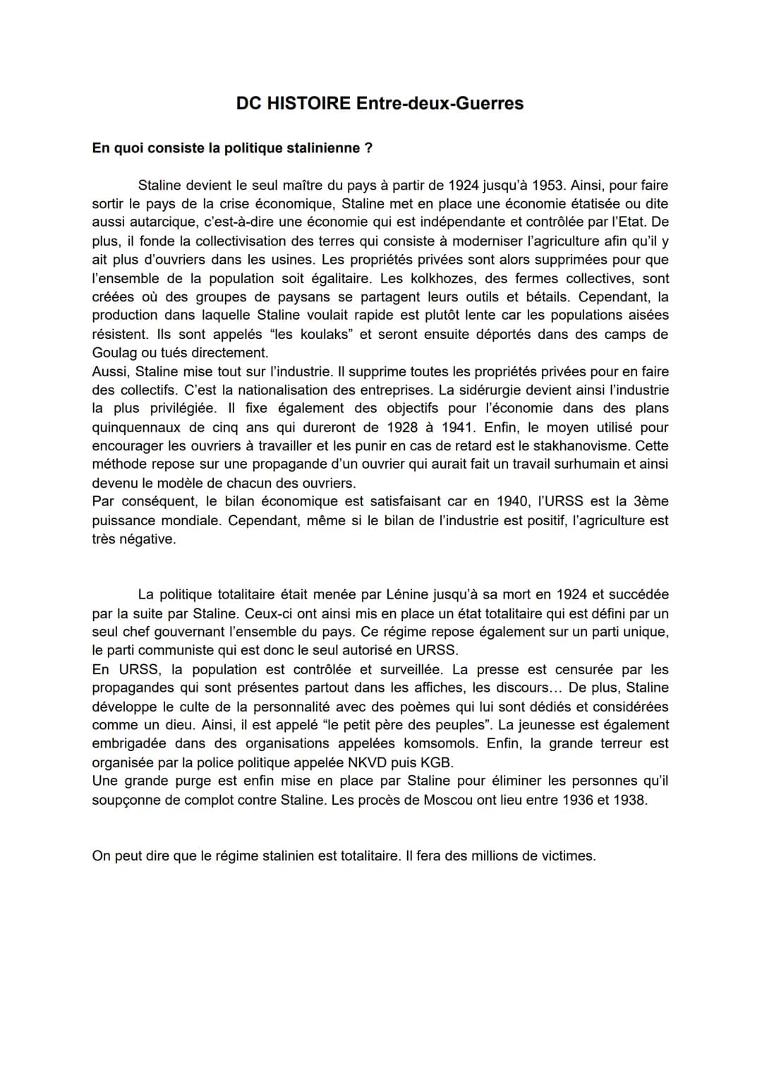 DC HISTOIRE Entre-deux-Guerres
En quoi consiste la politique stalinienne ?
Staline devient le seul maître du pays à partir de 1924 jusqu'à 1