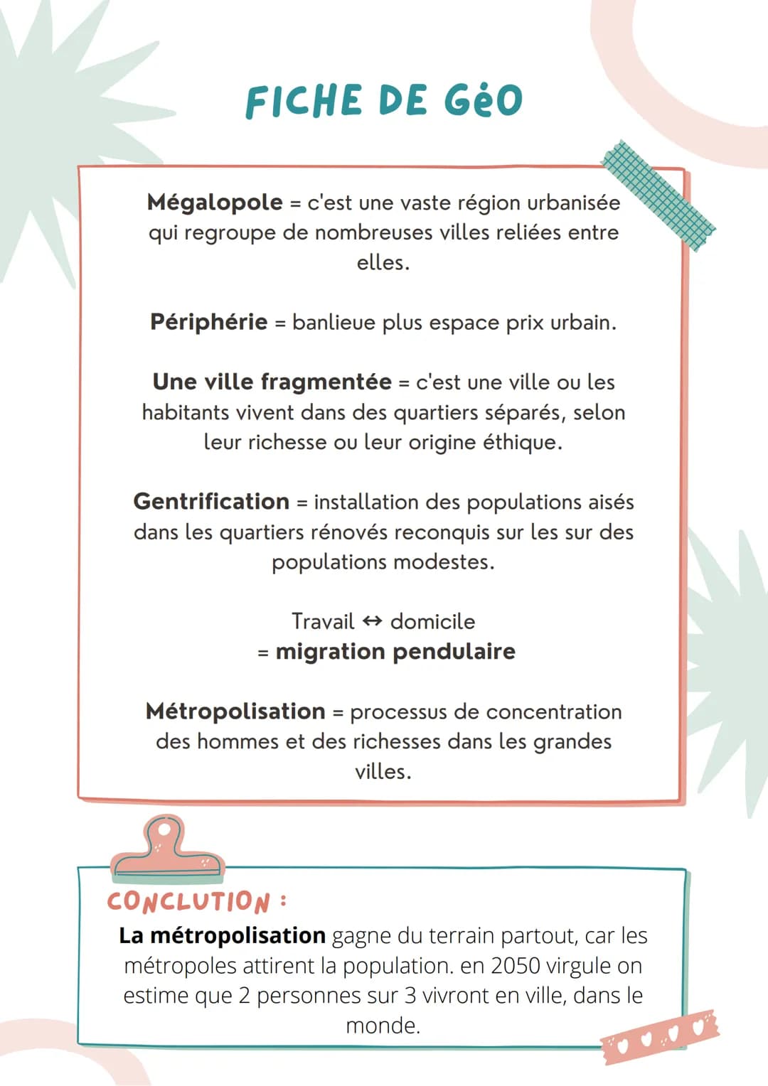 NOM :
DATE:
FICHE DE Géo
DÉFINITION
Mondialisation = c'est la mise en relation de
régions et de peuple. Elle se traduit par des
échanges de 