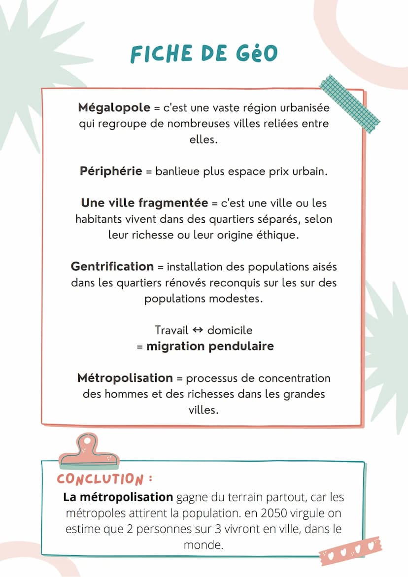 NOM :
DATE:
FICHE DE Géo
DÉFINITION
Mondialisation = c'est la mise en relation de
régions et de peuple. Elle se traduit par des
échanges de 