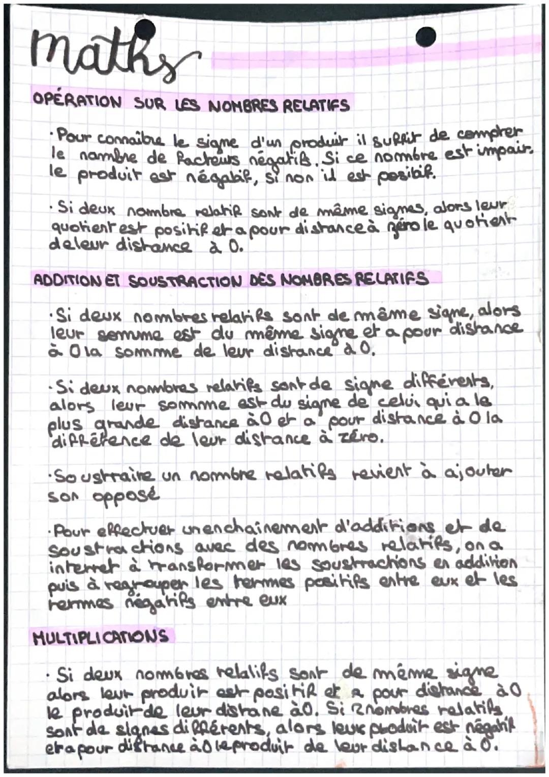 maths
OPERATION SUR LES NOMBRES RELATIFS
•Pour connaitre le signe d'un produit il suffit de compter
le nombre de Racheurs négatifs. Si ce no