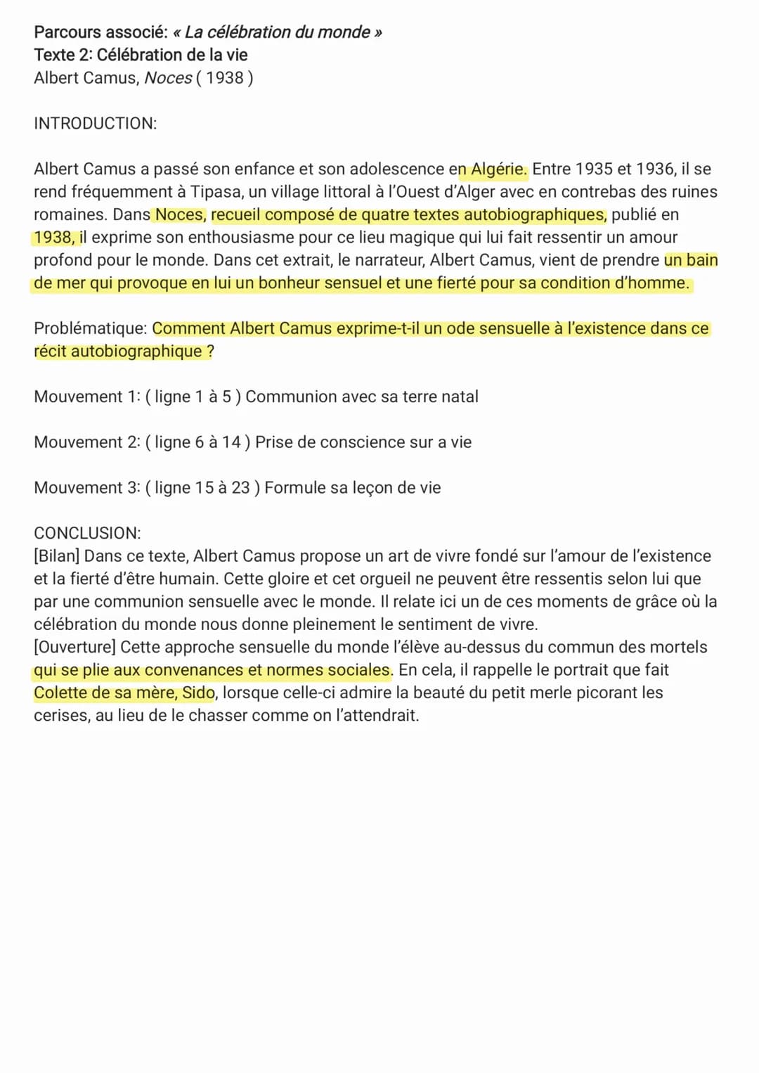Parcours associé: « La célébration du monde >>
Texte 2: Célébration de la vie
Albert Camus, Noces (1938)
INTRODUCTION:
Albert Camus a passé 