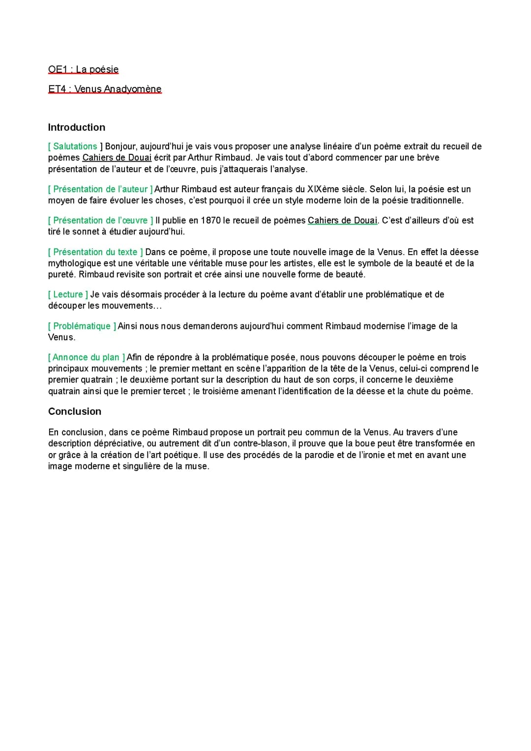  analyse linéaire introduction et conclusion poème Vénus Anadyomene Rimbaud bac de français 
