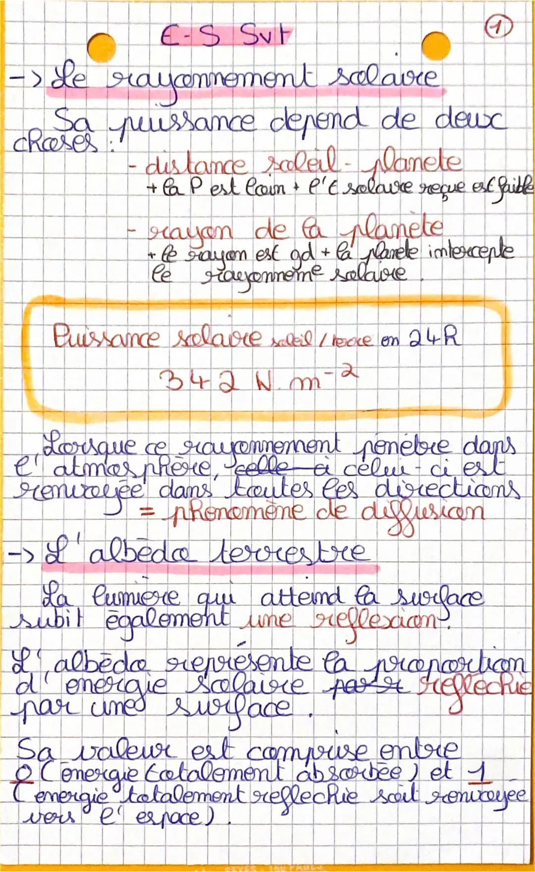 E-S Sut
-de
rayonnoment salaire
Sa puissance depend de dewc
distance soleil- planete
chases:
+ la P est loin + l'Esclove reque est faible
1

