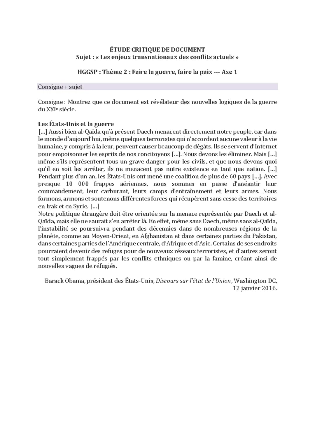 Étude critique de document HGGSP corrigé - Discours de Barack Obama - Guerre et Paix