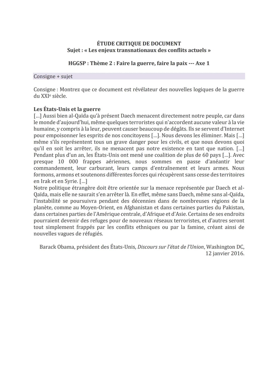 ÉTUDE CRITIQUE DE DOCUMENT
Sujet : « Les enjeux transnationaux des conflits actuels >>
HGGSP : Thème 2 : Faire la guerre, faire la paix --- 