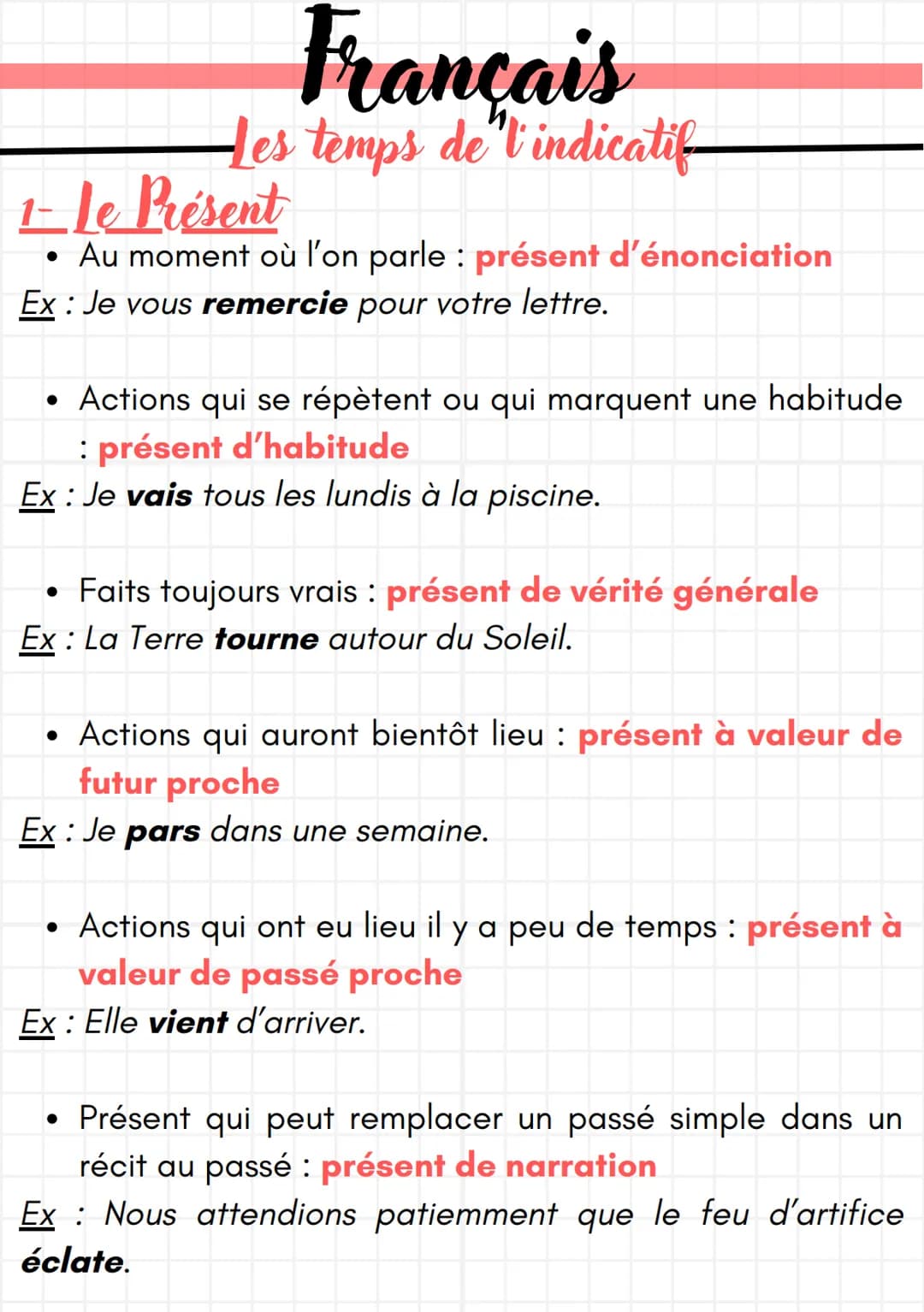 Français
Les temps de l'indicatif
1- le Présent
• Au moment où l'on parle : présent d'énonciation
Ex : Je vous remercie pour votre lettre.
•