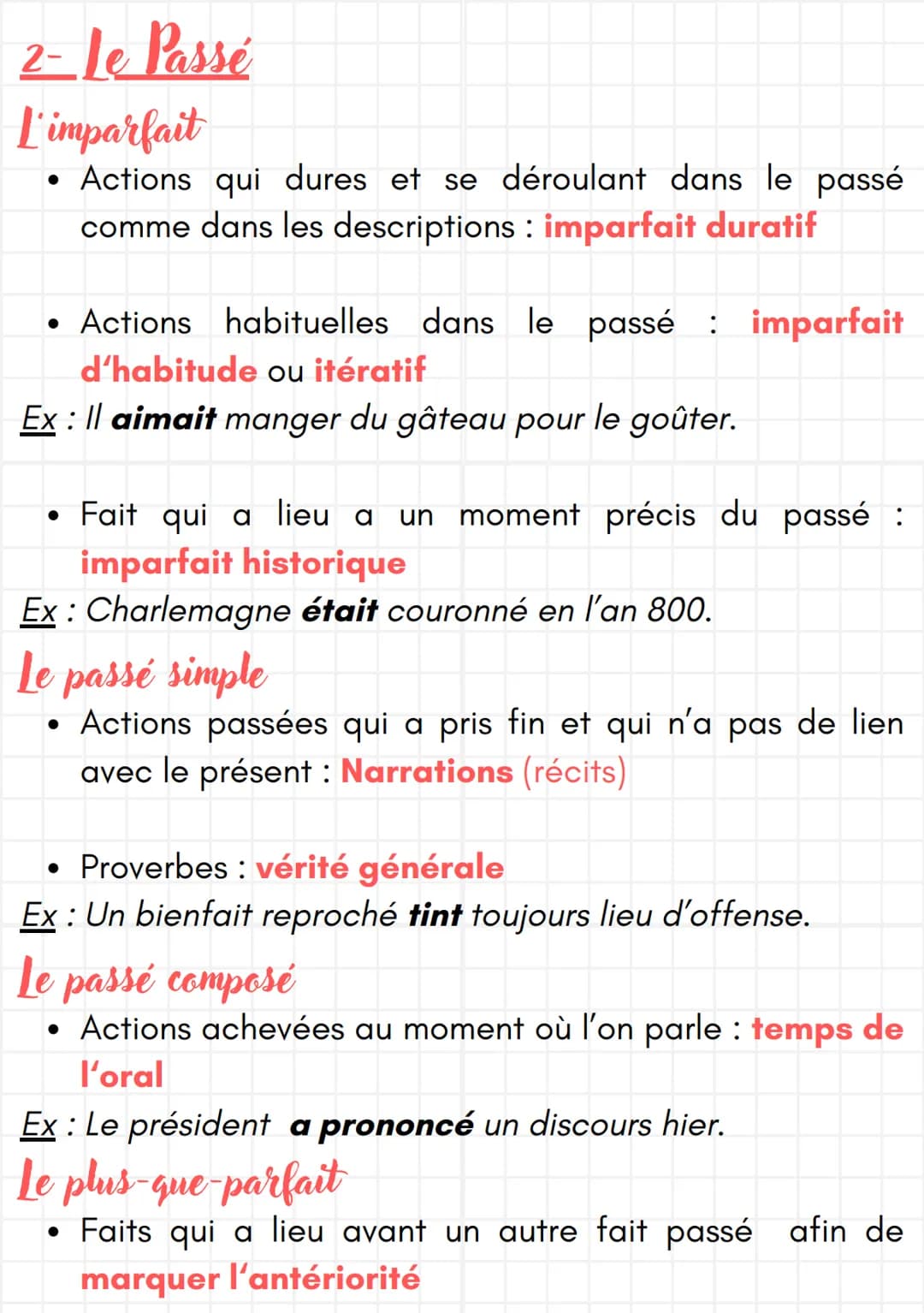 Français
Les temps de l'indicatif
1- le Présent
• Au moment où l'on parle : présent d'énonciation
Ex : Je vous remercie pour votre lettre.
•