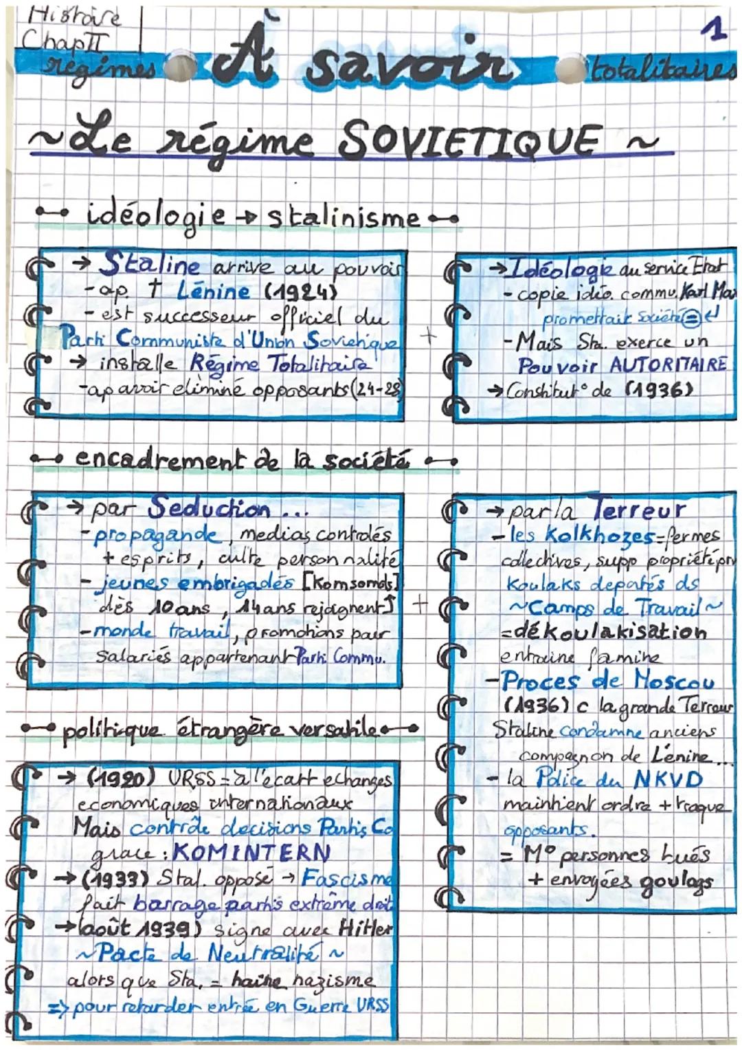 # Histoire
## Chapt
### regimes A savoir totalitaires

~Le régime SOVIETIQUE ~

- idéologie $\rightarrow$ stalinisme

- Staline arrive au po