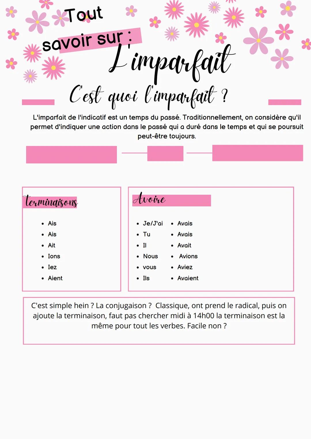 Tout
savoir sur :
L'imparfait
C'est quoi l'imparfait ?
L'imparfait de l'indicatif est un temps du passé. Traditionnellement, on considère qu