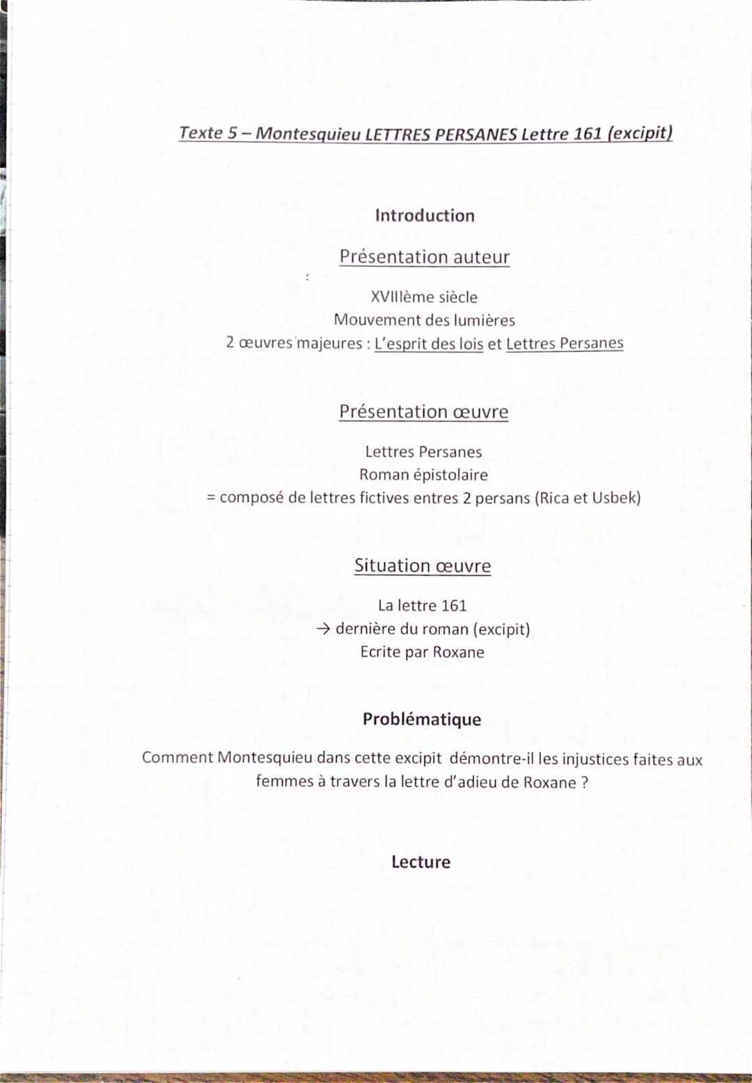Texte 5-Montesquieu LETTRES PERSANES Lettre 161 (excipit)
Introduction
Présentation auteur
XVIIIème siècle
Mouvement des lumières
2 œuvres m