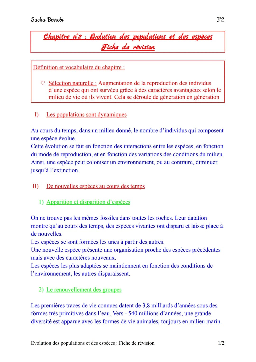 Sacha Berrebi
Chapitre nº2: Evolution des populations et des espèces
Fiche de révision
Définition et vocabulaire du chapitre :
♡ Sélection n