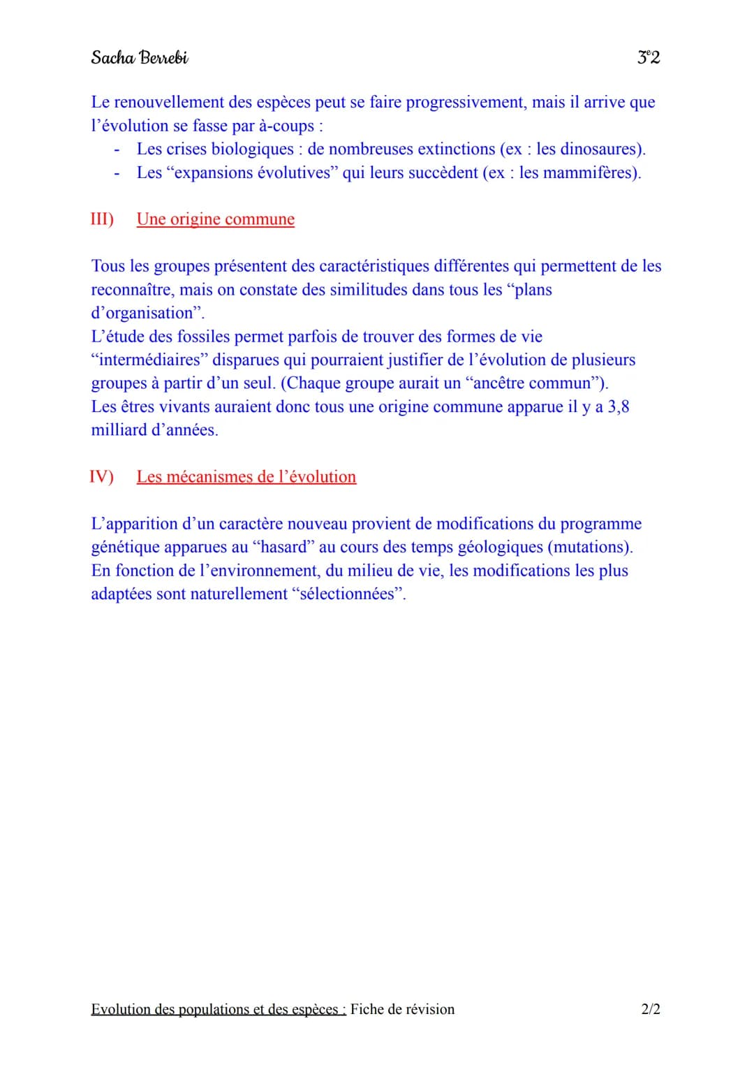 Sacha Berrebi
Chapitre nº2: Evolution des populations et des espèces
Fiche de révision
Définition et vocabulaire du chapitre :
♡ Sélection n
