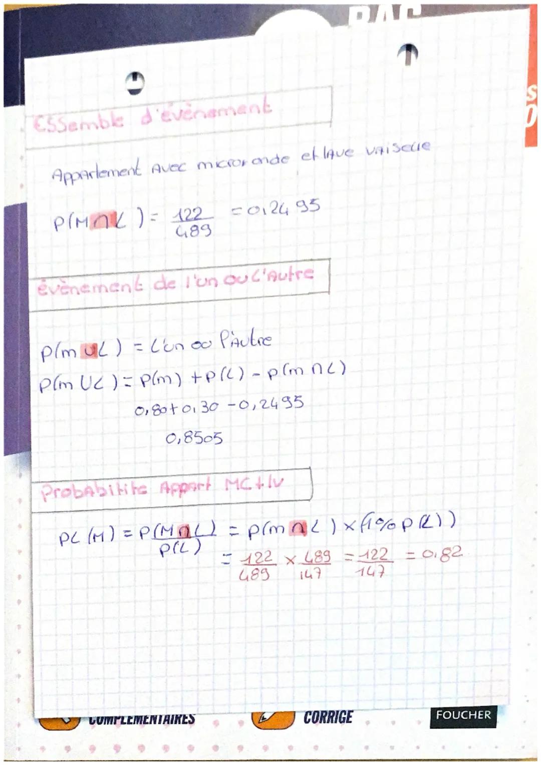 L

T MATHS

A
Ac
Ces probabilite

Calcule d'une proba

nombre micio
$P(M) = \frac{391}{482} = 0,80$

et ce contraire

2de

$
\overline{M} = 