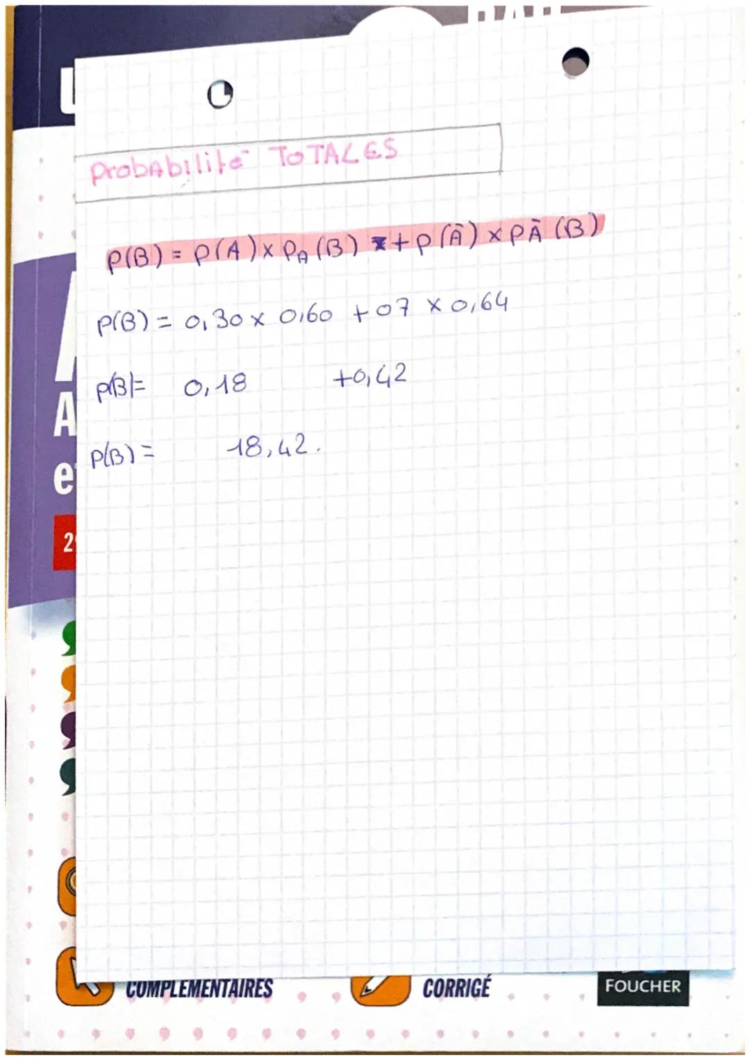 L

T MATHS

A
Ac
Ces probabilite

Calcule d'une proba

nombre micio
$P(M) = \frac{391}{482} = 0,80$

et ce contraire

2de

$
\overline{M} = 
