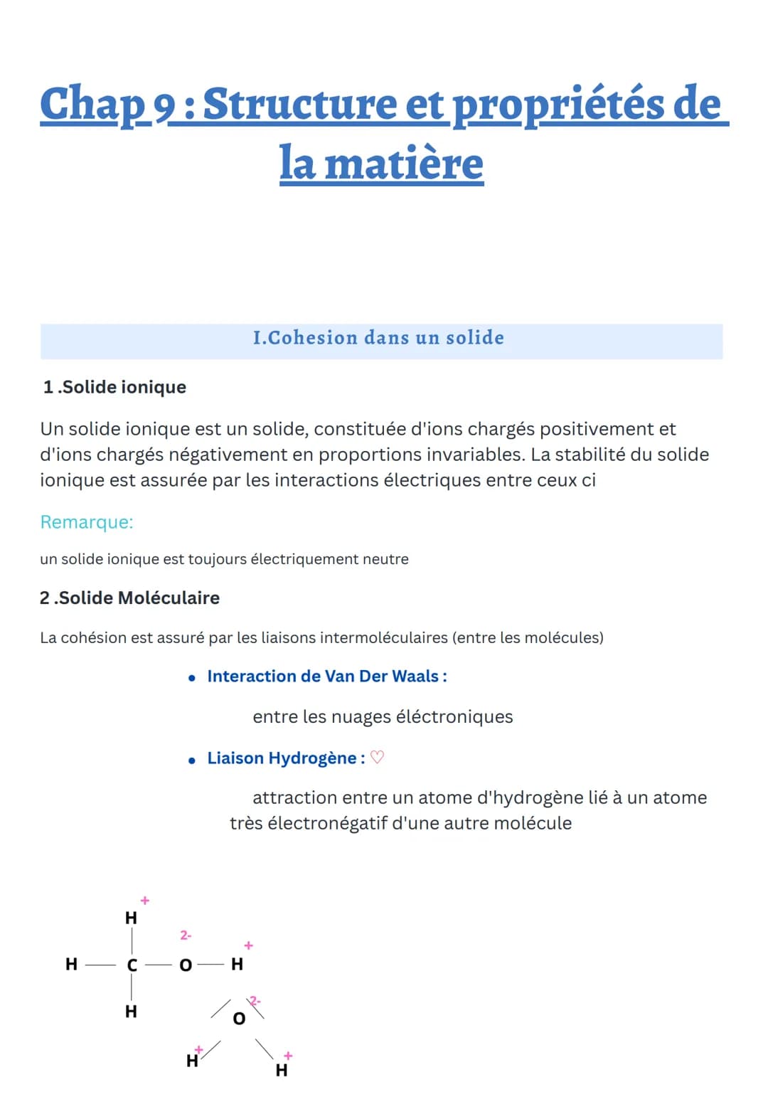 Chap 9: Structure et propriétés de
la matière
1.Solide ionique
Un solide ionique est un solide, constituée d'ions chargés positivement et
d'