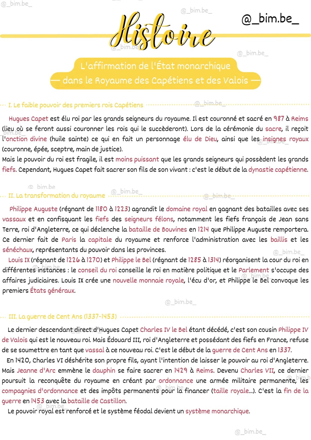 @_bim.be_
@_bim.be_
Histoire
L'affirmation de l'État monarchique
dans le Royaume des Capétiens et des Valois
@bim.be
... II. La transformati