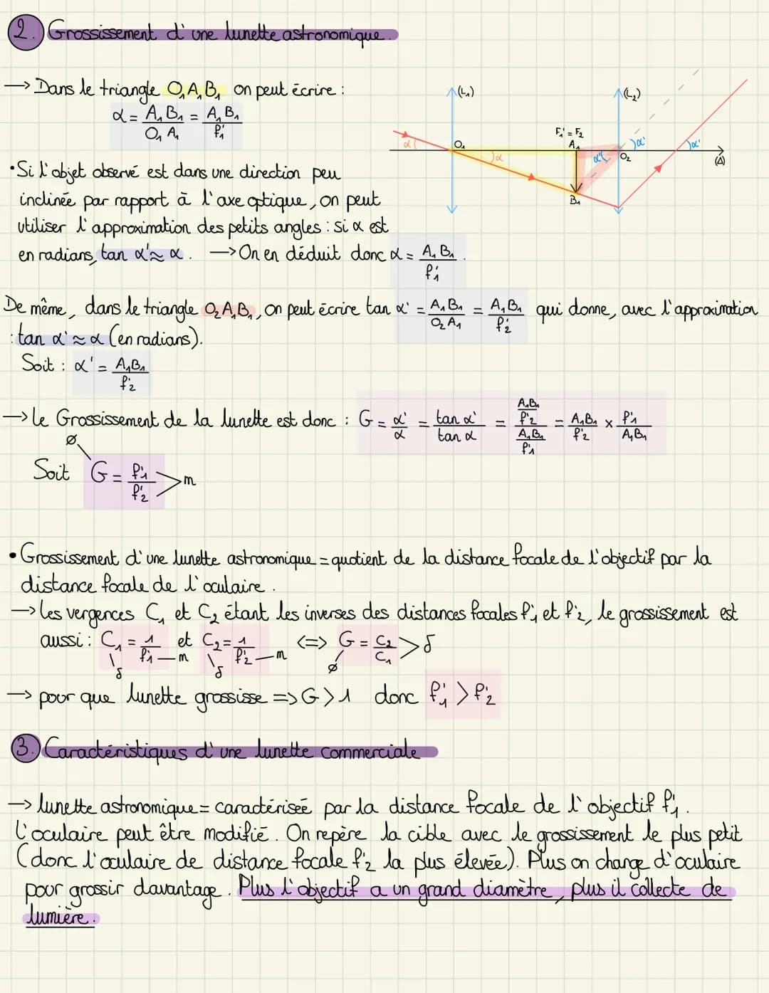 ->>
pour que
la lunette soit afocale →> foyer image de l'objectif doit être
confondu avec le foyer objet de l'oculaire
propriete: distance Q