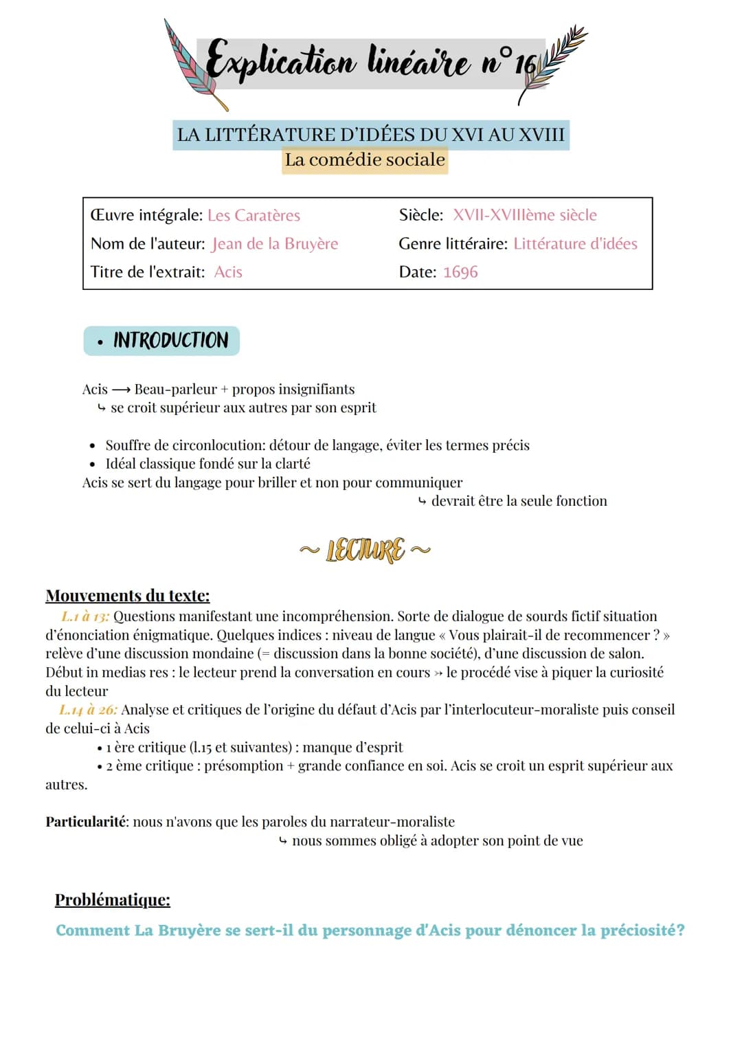 Explication linéaire n° 16
LA LITTÉRATURE D'IDÉES DU XVI AU XVIII
La comédie sociale
EŒuvre intégrale: Les Caratères
Nom de l'auteur: Jean d