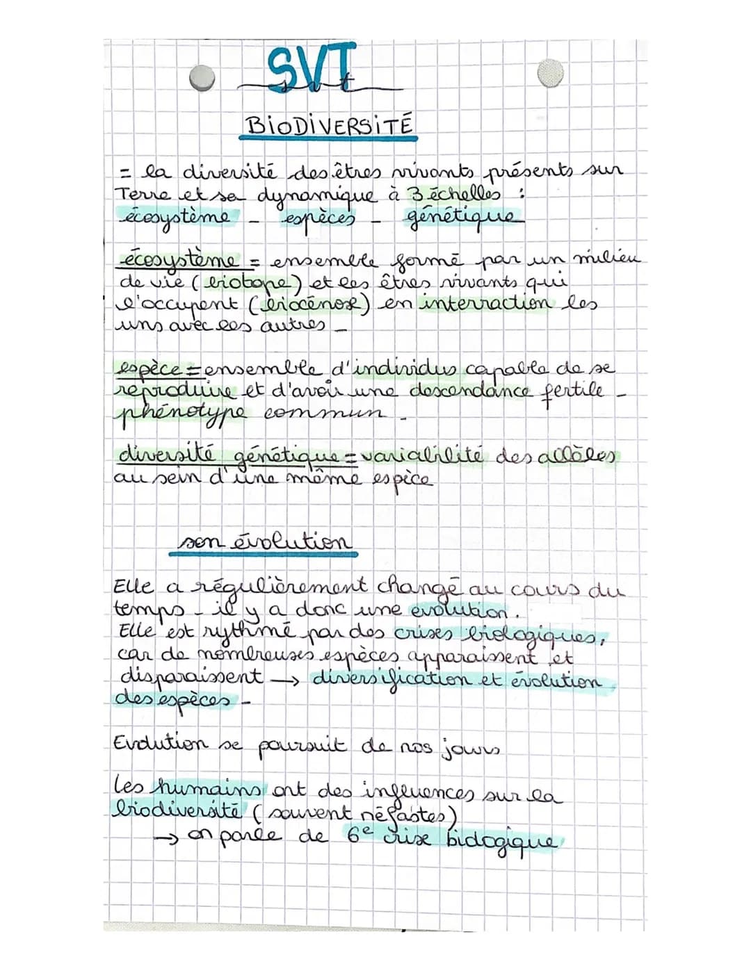 SVT
BIODIVERSITÉ
= la diversité des êtres vivants présents sur
Terre et sa dynamique à 3 échelles :
écosystème espèces - génétique
écosystèm