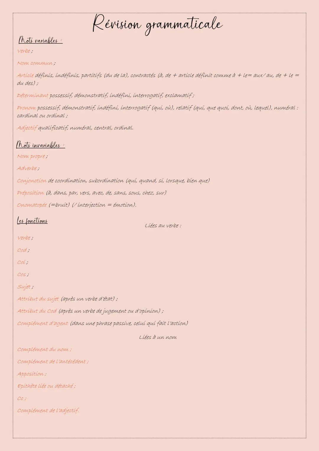 Mots variables:
verbe:
Nom commun;
Article définis, indéfinis, partitifs (du de la), contractés (à, de + article définit comme à + le= aux/a