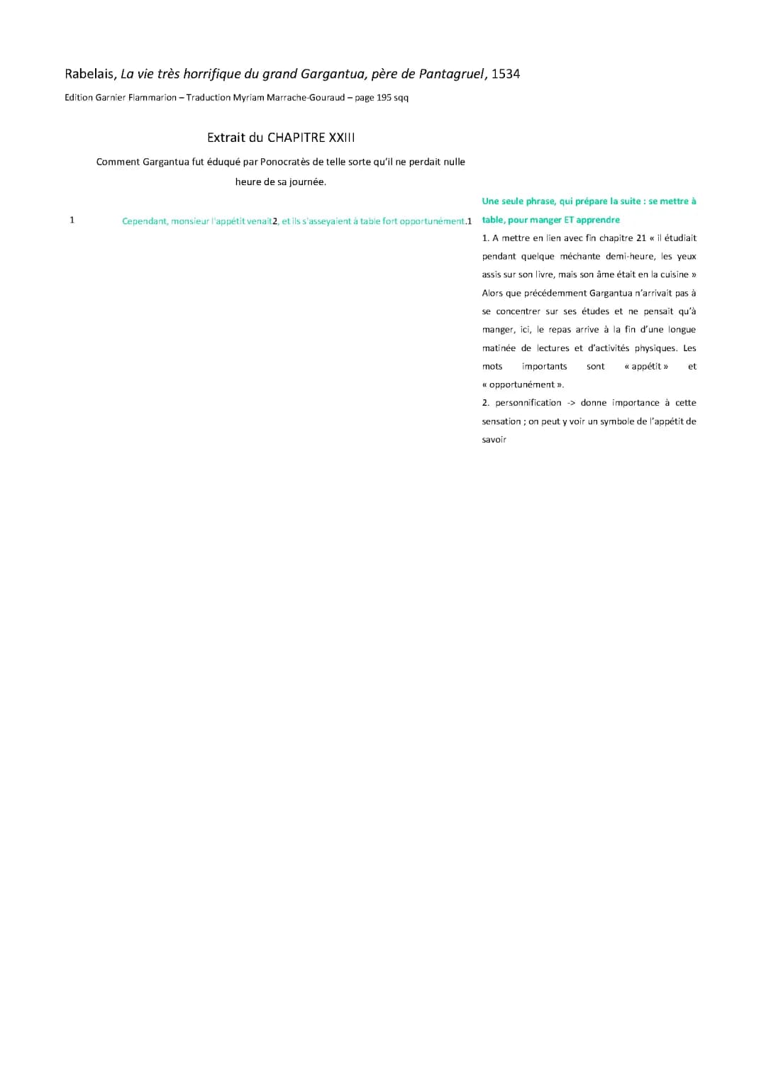 Analyse linéaire du chapitre 23 de Gargantua - PDF à télécharger