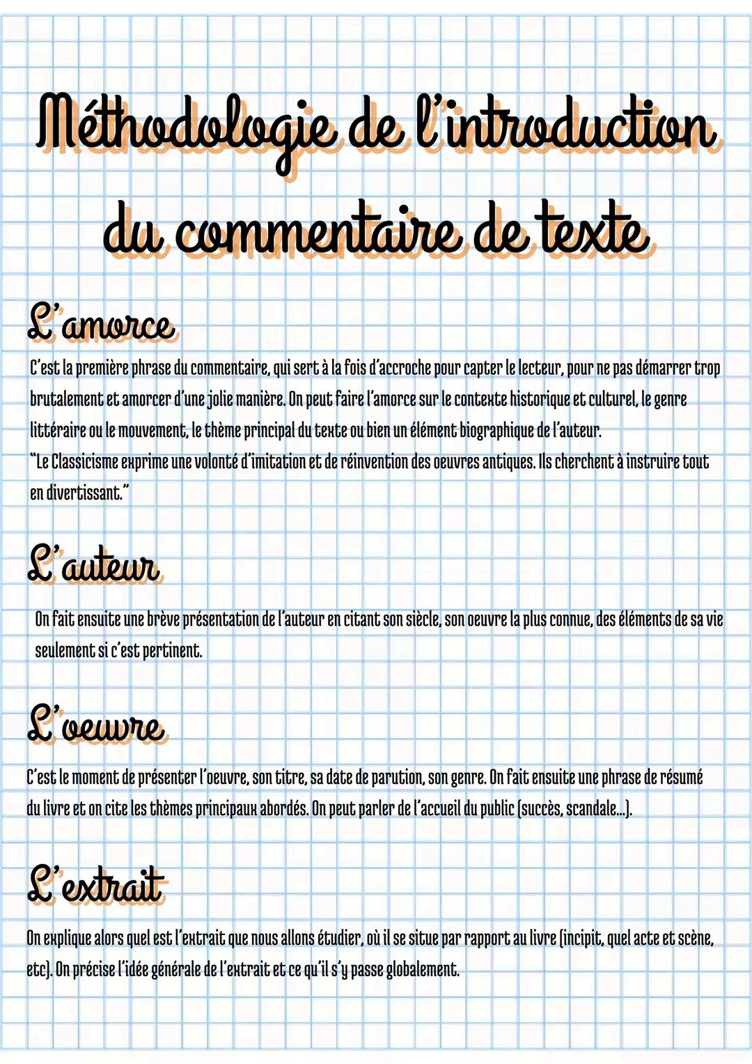 Méthodologie de l'introduction
du commentaire de texte
L'amorce
C'est la première phrase du commentaire, qui sert à la fois d'accroche pour 