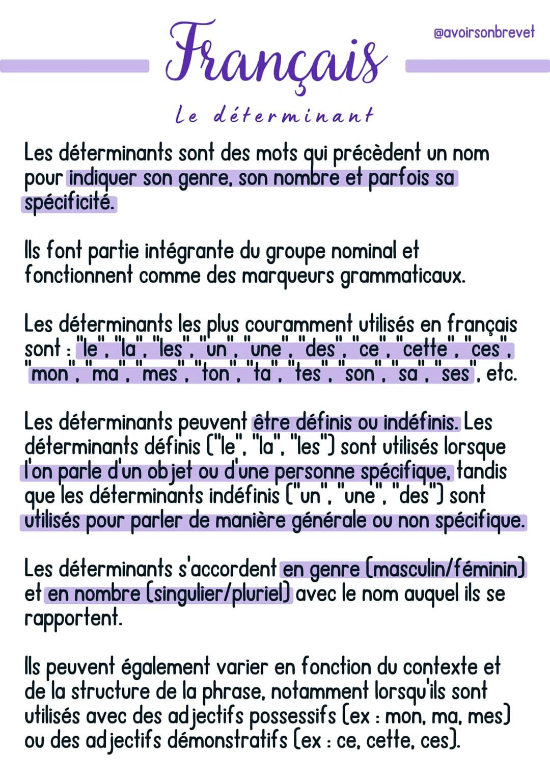 Français
Le déterminant
Les déterminants sont des mots qui précèdent un nom
pour indiquer son genre, son nombre et parfois sa
spécificité.
@