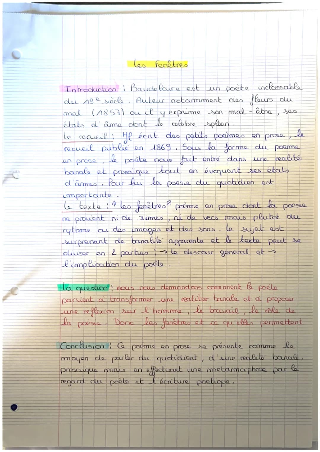 les fenêtres
Introduction : Baudelaire est un poète inclassable
du 19e siècle. Auteur notamment des fleurs du
mal (1857) ou il y exprime son