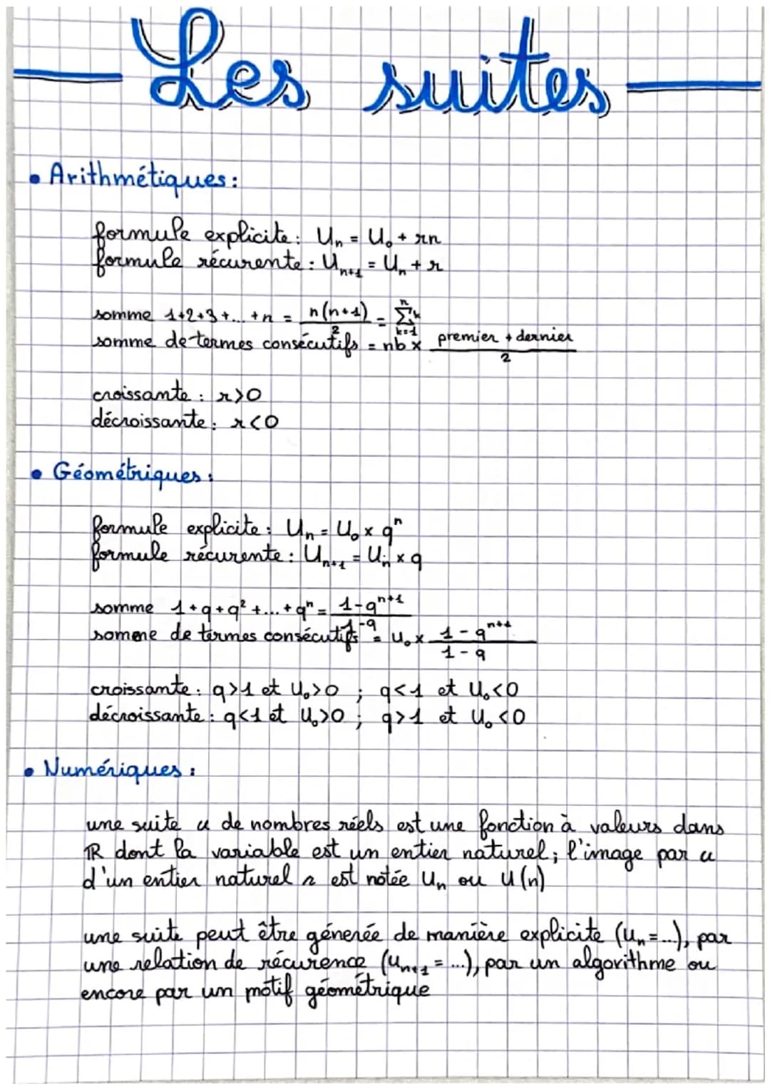 -Les suites
• Arithmétiques:
formule explicite: U₁ = U₁+rn
formule récurente: Unes = U₁ + r
n(n+1)=
k
somme 1+2+3+ + n =
somme de termes con