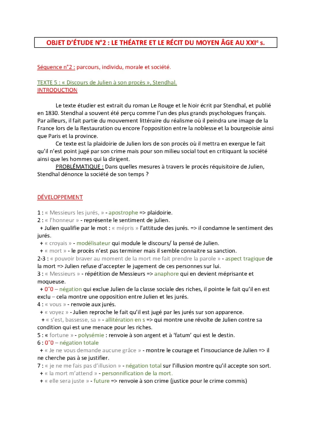 Analyse linéaire - Disours de Julien - Le Rouge et le Noir - Stendhal 