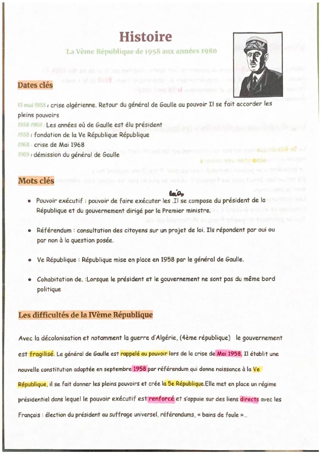 Dates clés
Histoire
La Vème République de 1958 aux années 1980
Mots clés
13 mai 1958: crise algérienne. Retour du général de Gaulle au pouvo