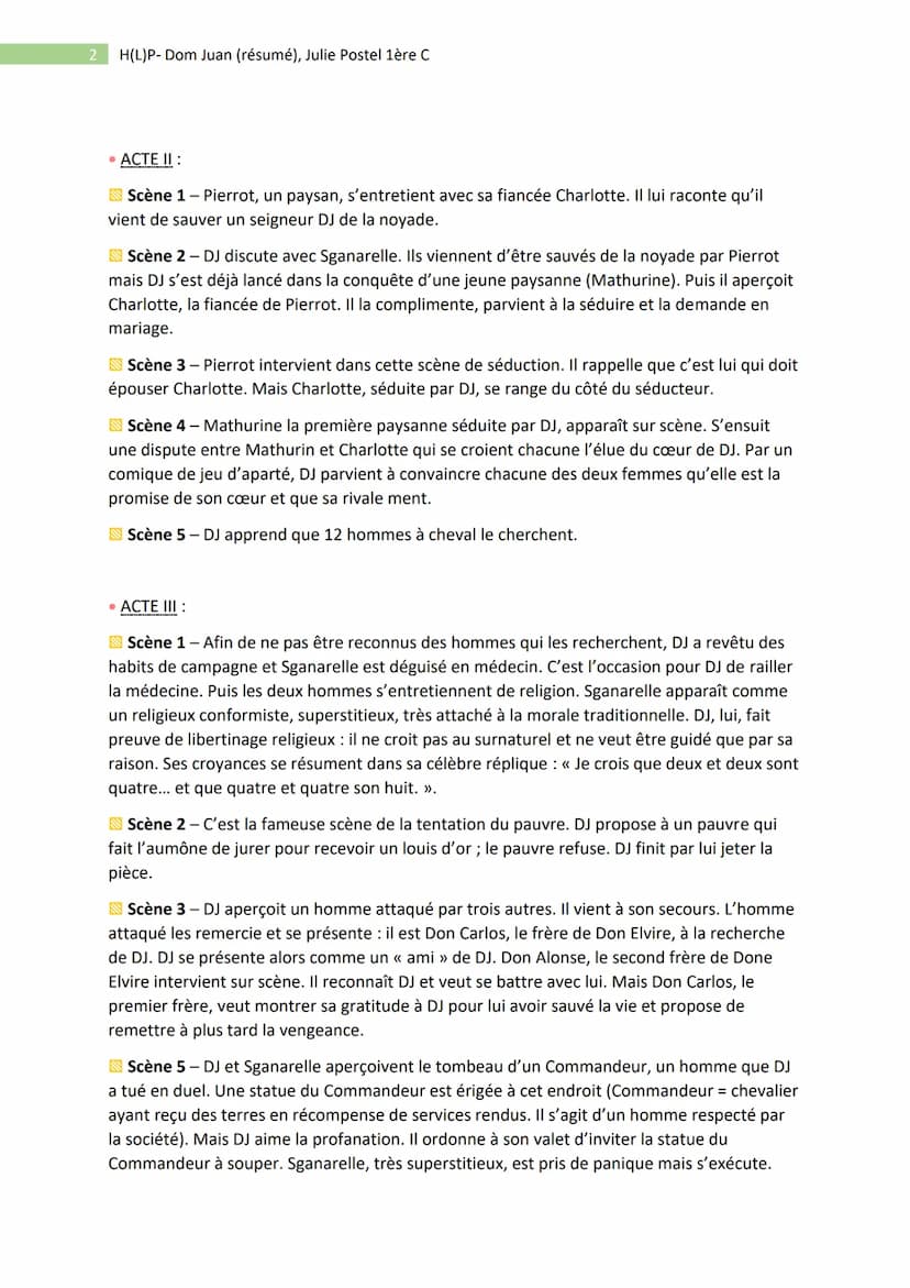 1 H(L)P- Dom Juan (résumé), Julie Postel 1ère C
- Littérature : Dom Juan, résumé -
• RECAP:
→ Dom Juan est un seigneur libertin qui vient d'